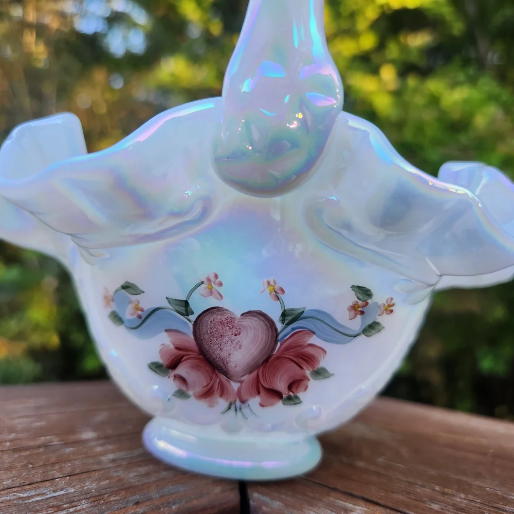 Fenton White Carnival Glass Opalescent Handpainted Basket Signed By Artist